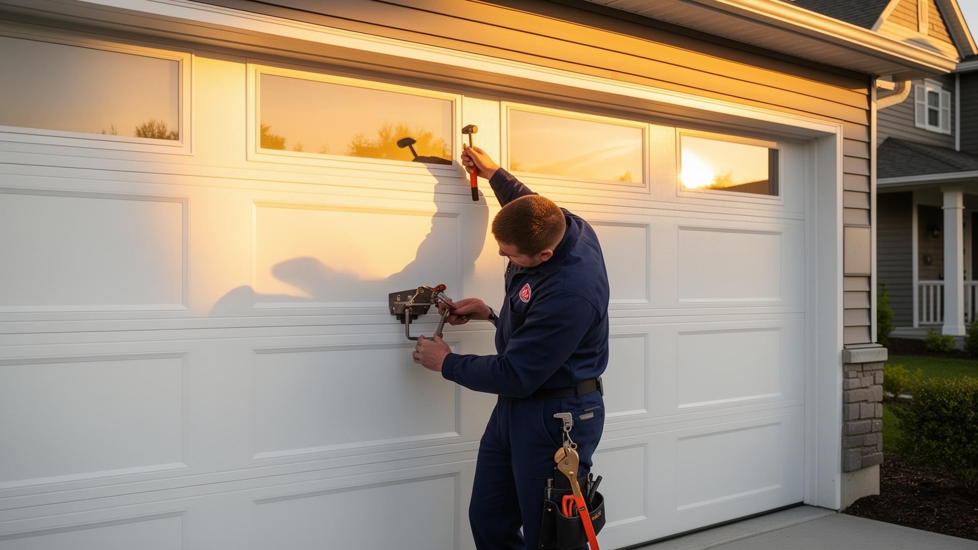 Professional garage door repair technician working on residential door